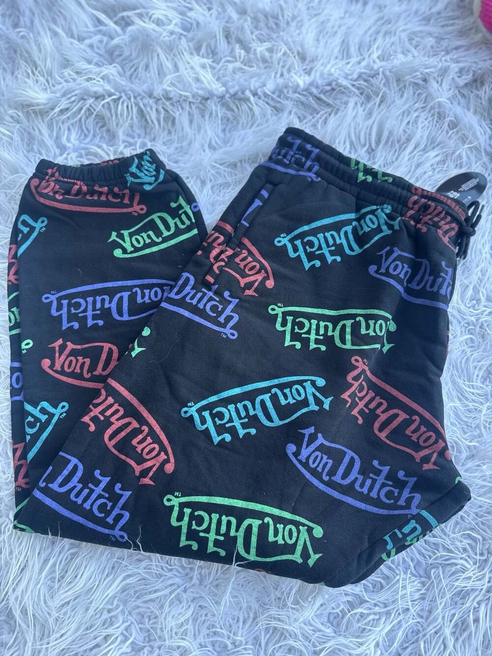 Von Dutch 1X Sweatpants Joggers All-Over Multi-Color Logo Print Black Fleece
